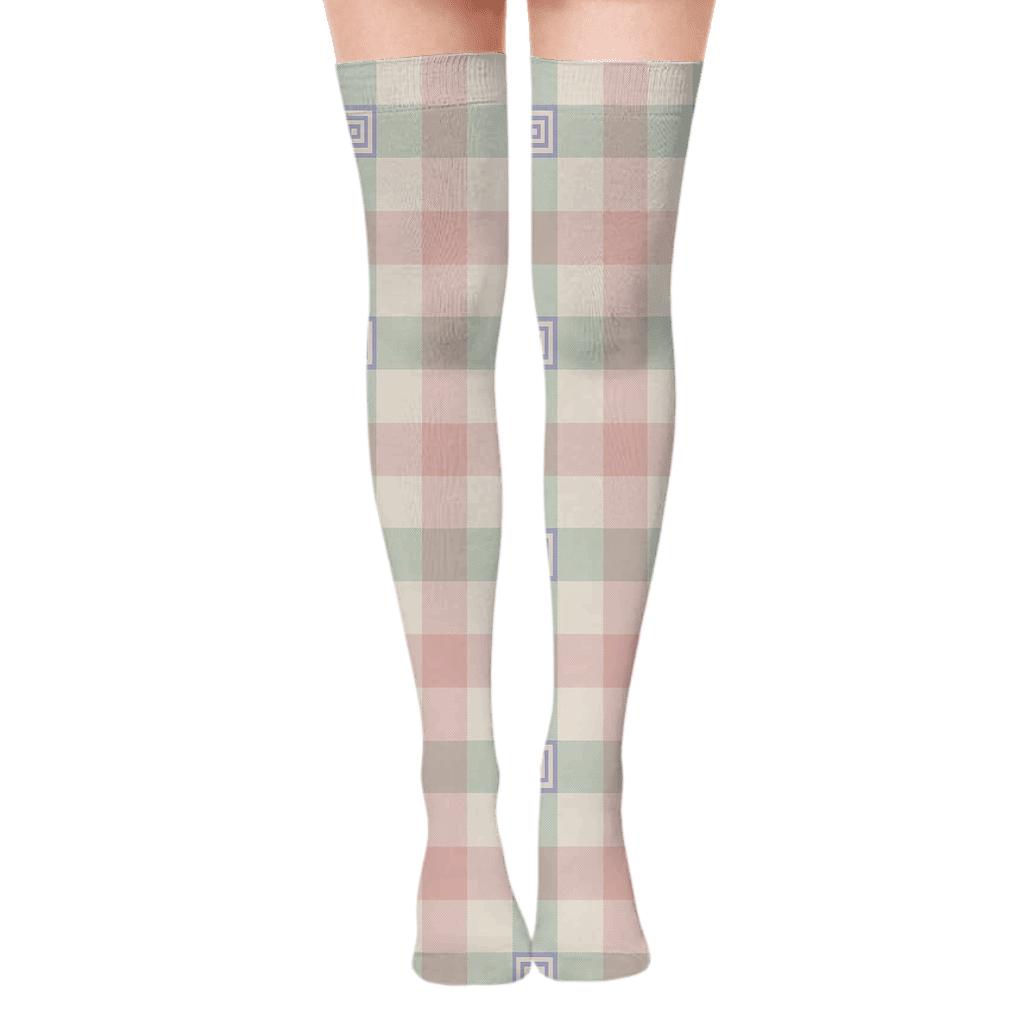 Pastel Gingham Blocks With Nested Progressive Checks And Concentric Square Insets On Cream comfortable cotton over-the-knee socks