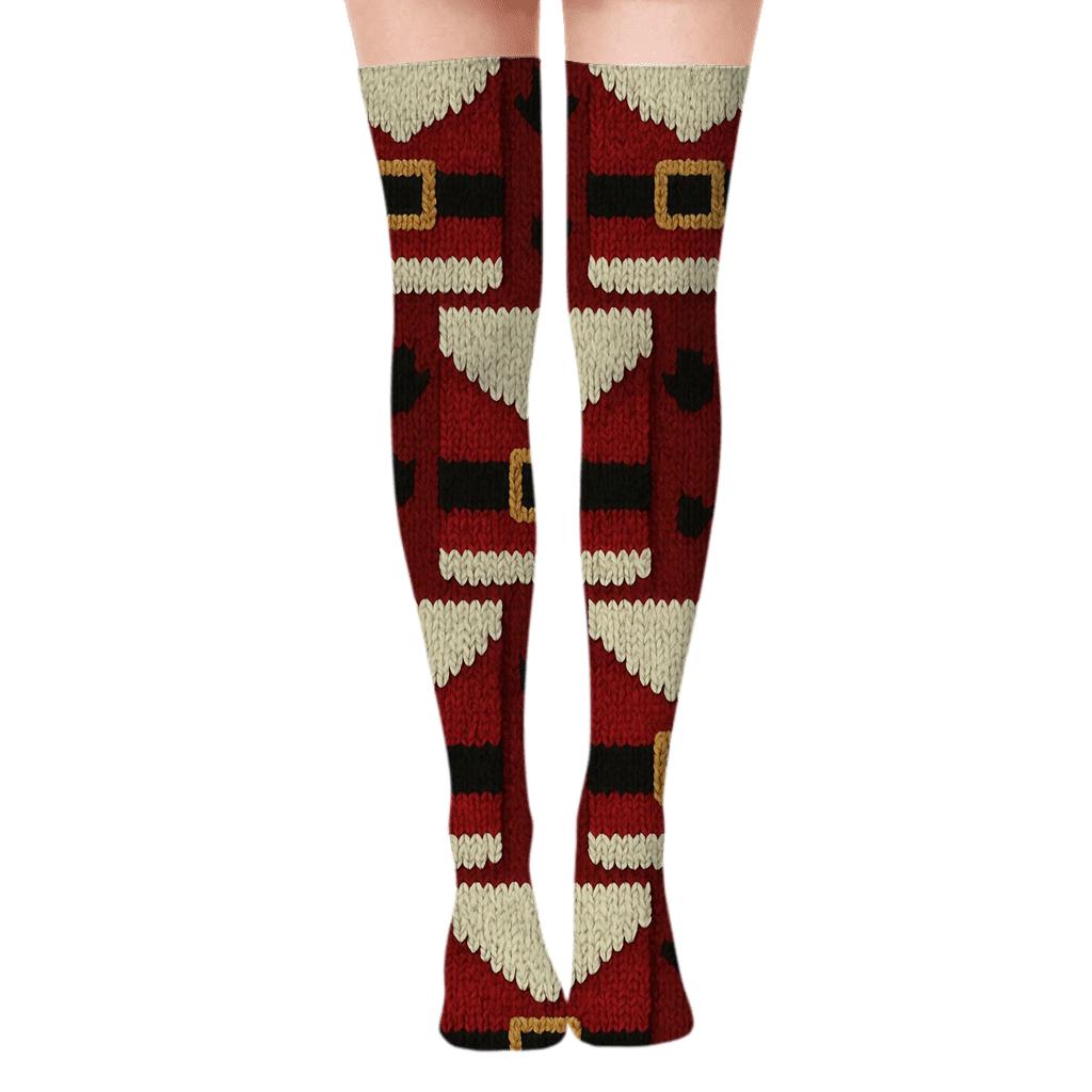 Buckle Border Santa Suit Tessellation designer print over-the-knee socks