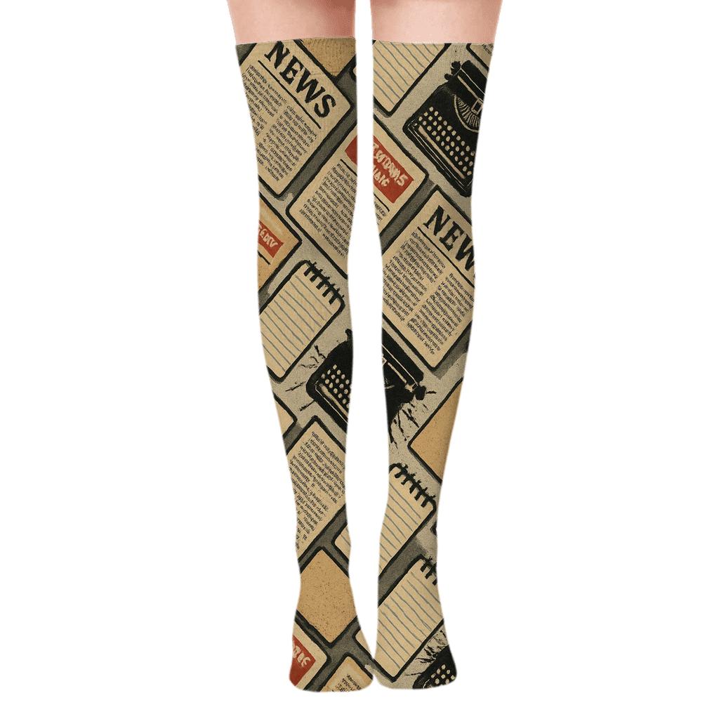Journalist Newsprint Collage Lattice stylish fashion over-the-knee socks