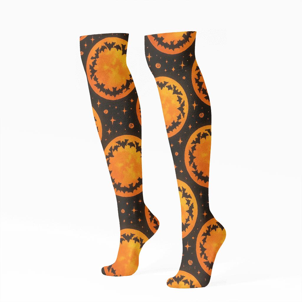 Orange Moon Glow And Bat Ring Repeat On Black Background trendy patterned knee-high socks
