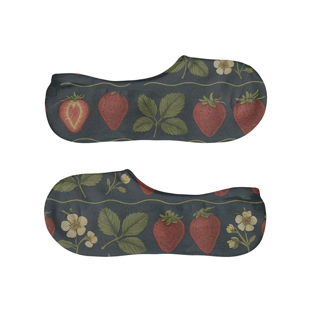 Vintage Botanical Strawberry Field Stripe Repeat On Navy Background low cut no-show socks