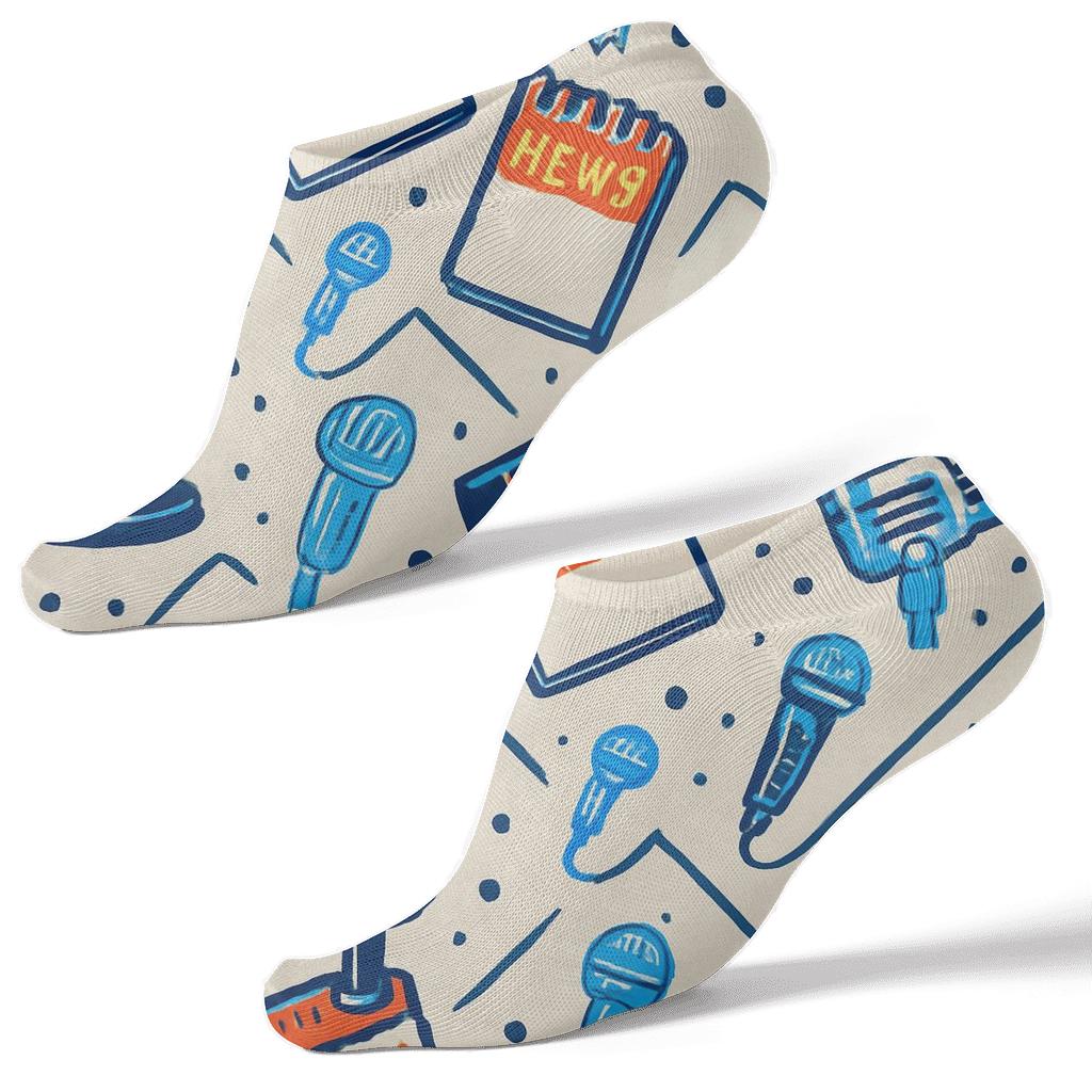 Microphone Chevron Rhythm On Newsprint Gray Reporter Field personalized ankle socks