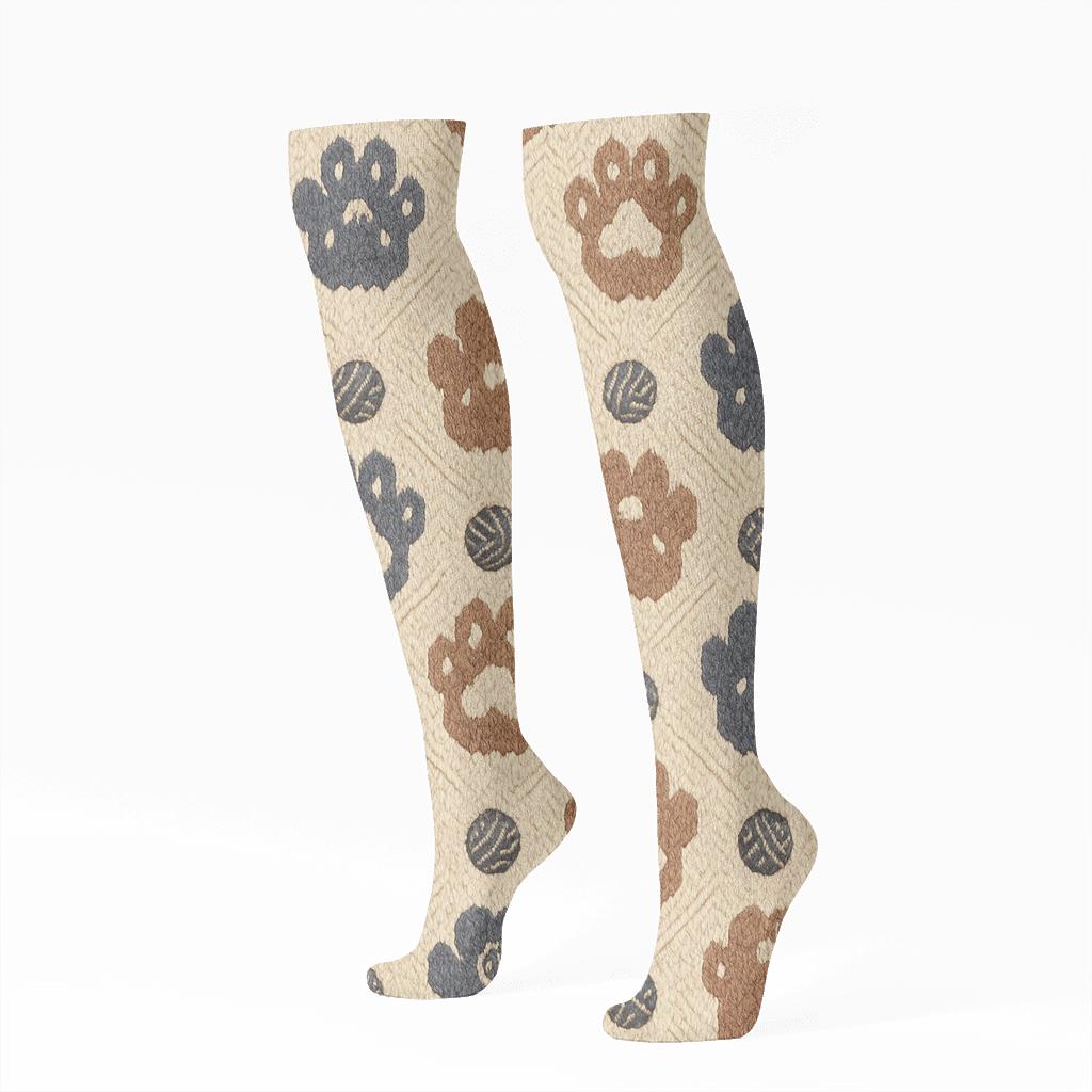 Knitted Cat Paw Chevron On Warm Cream Background unique graphic knee-high socks