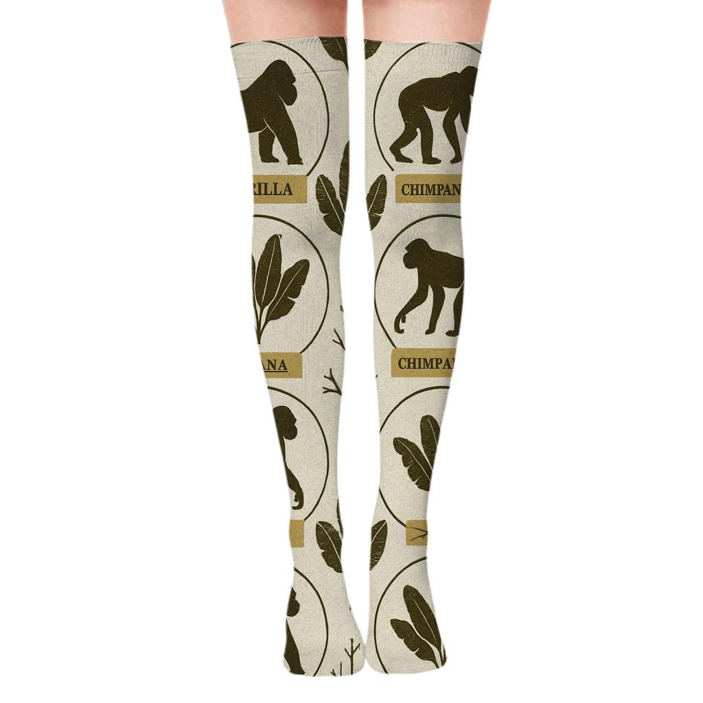 Vintage Naturalist Poster Pattern With Ape Silhouettes designer print over-the-knee socks
