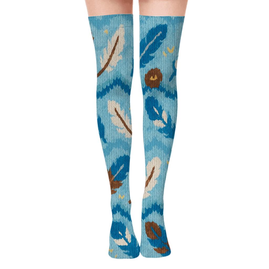 Knitted Bird Feather Chevron On Sky Blue Ground personalized over-the-knee socks