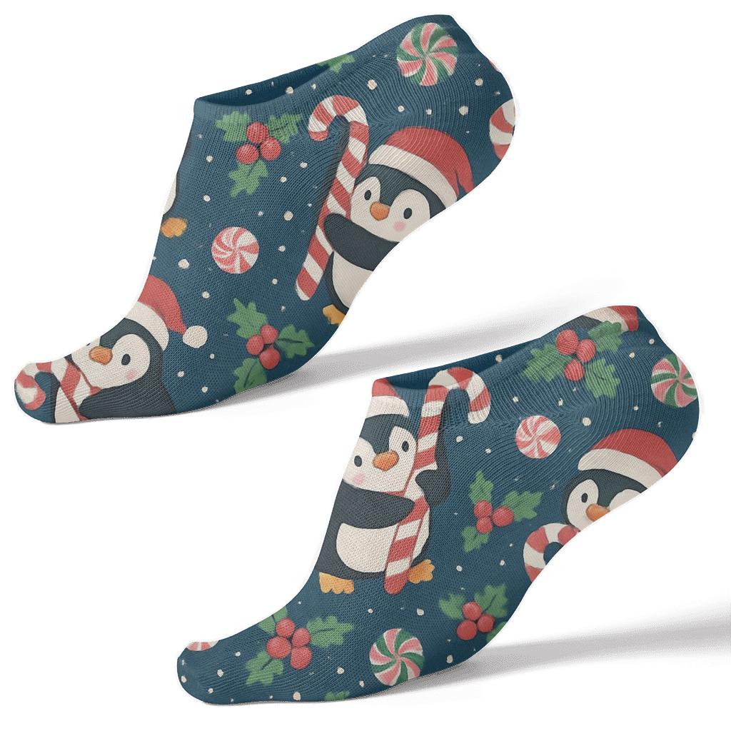 Candy Cane Penguin Parade Stripe On Midnight Blue Background soft everyday ankle socks