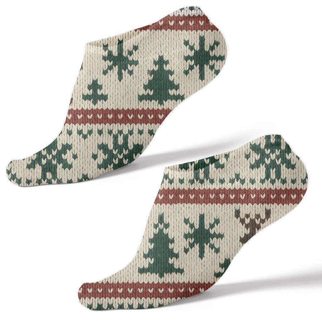 Knitted Reindeer And Snowflake Fair Isle Grid On Cream Background stylish athletic ankle socks