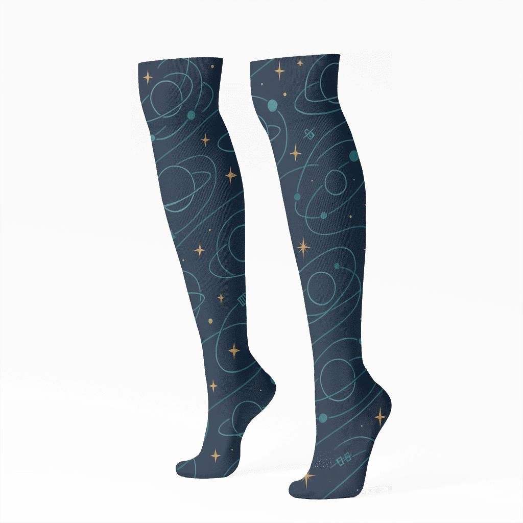 Ionized Teal Orbital Band Tessellation On Deep Navy Background comfortable cotton knee-high socks