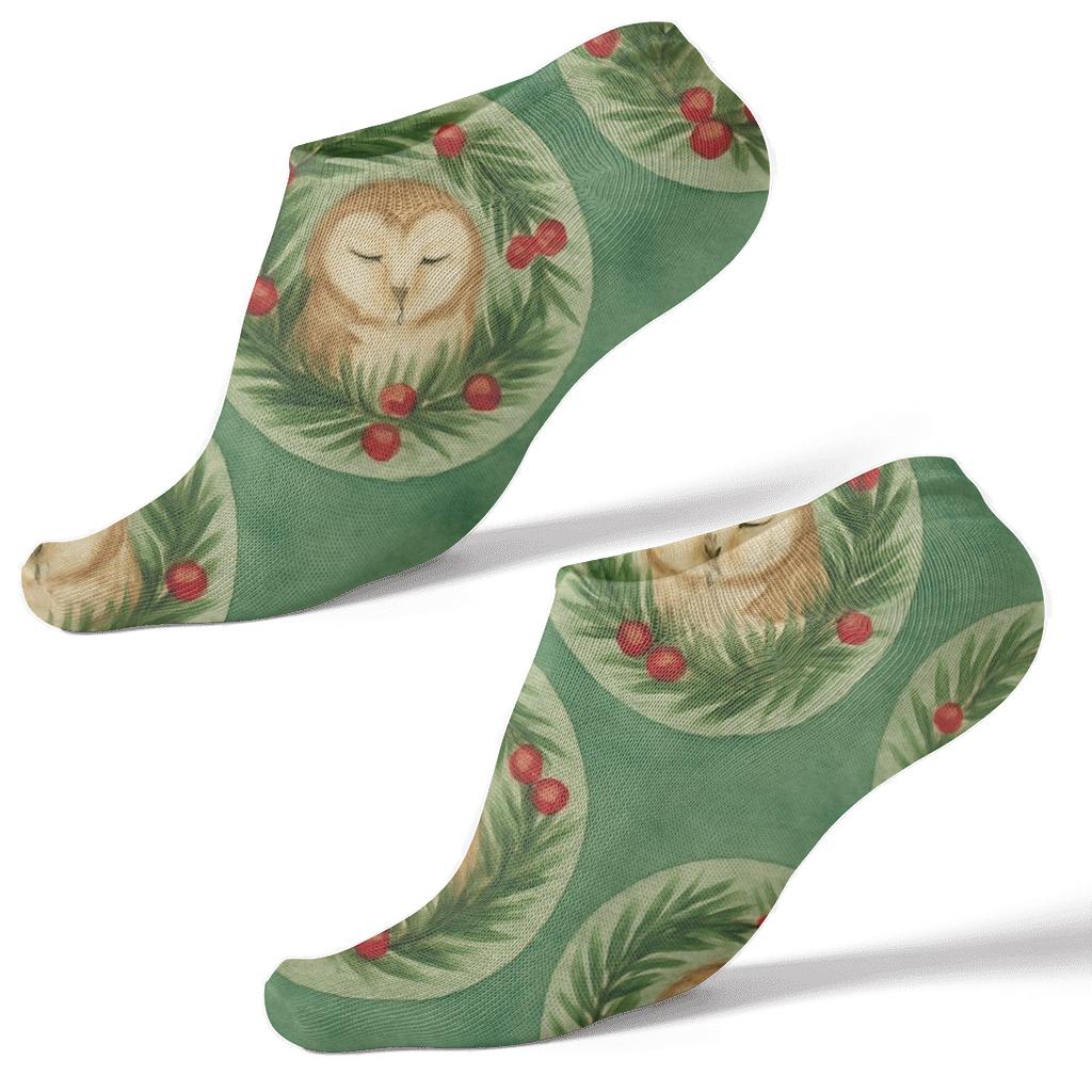Watercolor Owl Wreath Medallions On Pine Green Background custom ankle socks