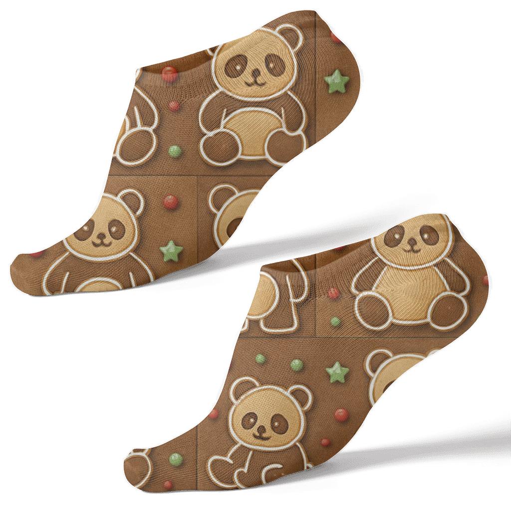 3D Gingerbread Panda Tile Blocks On Cocoa Brown Background trendy patterned ankle socks