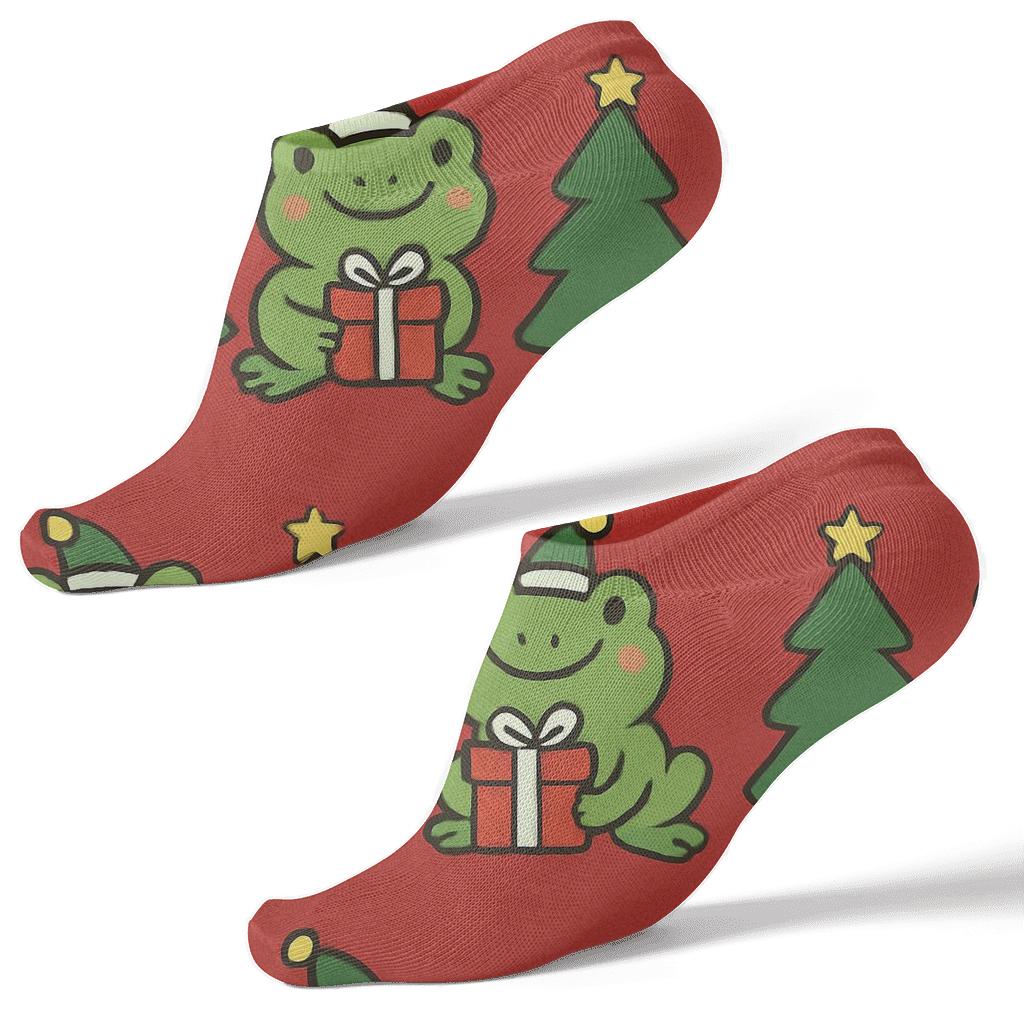 Christmas Tree Frog Gift Wrap Rows On Red Background unique graphic ankle socks