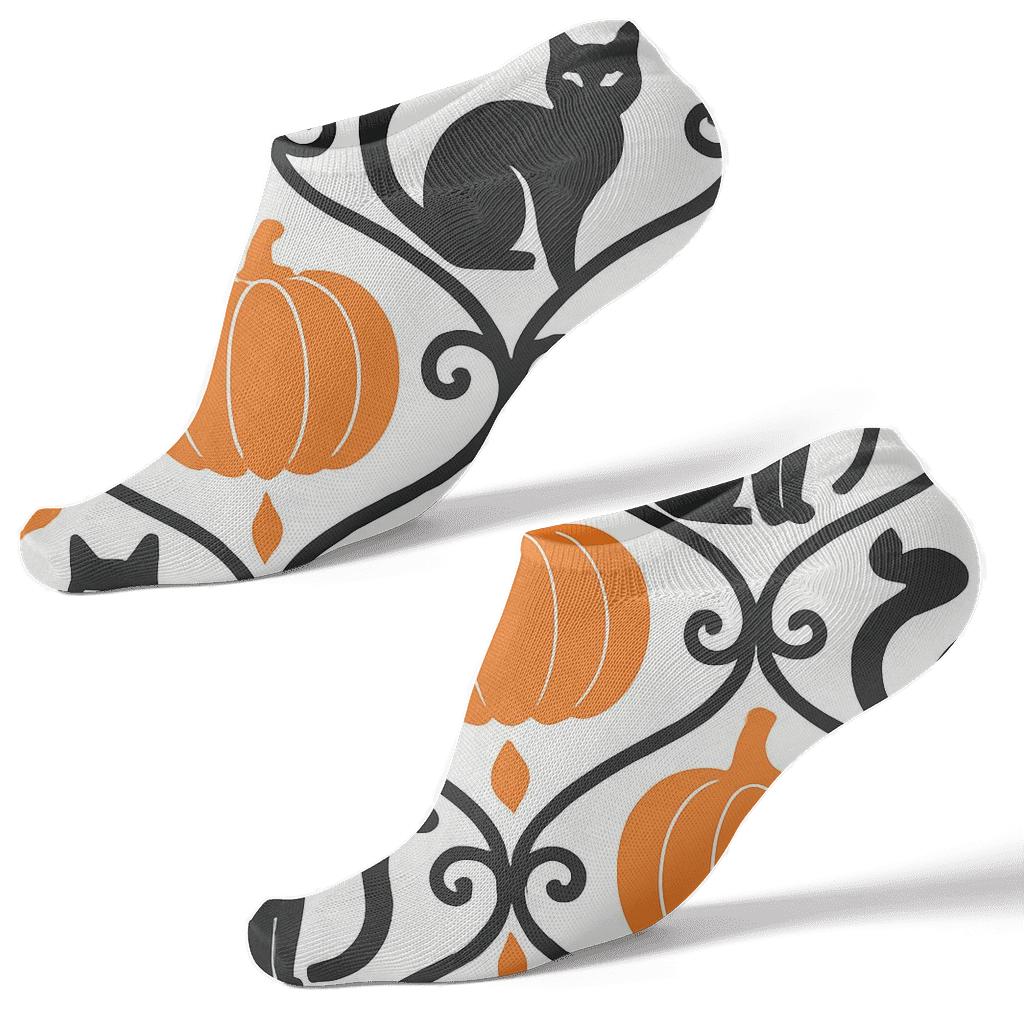 Orange Pumpkin And Black Cat Trellis On White Background premium sports ankle socks