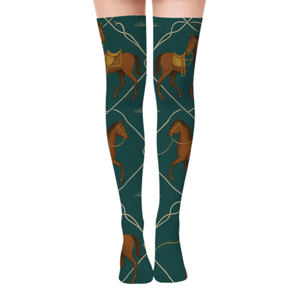 Pasture Teal Horse Silhouette Lattice stylish fashion over-the-knee socks
