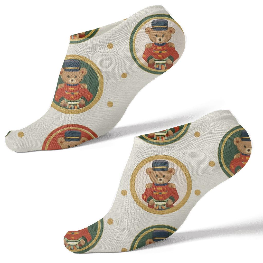 Bear Nutcracker Medals Polka Grid On Ivory Background designer print ankle socks