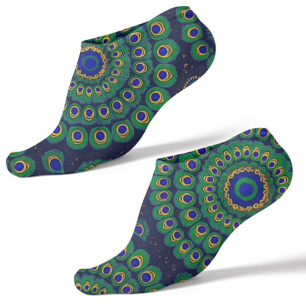 Peacock Tail Eye Radial Medallions On Deep Indigo Background designer print ankle socks