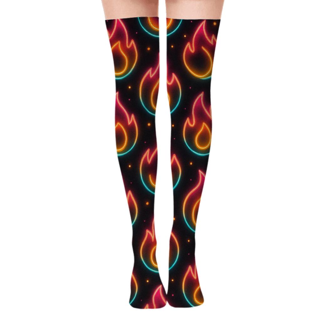 Neon Flame Sign Tessellation On Charcoal Black soft everyday over-the-knee socks