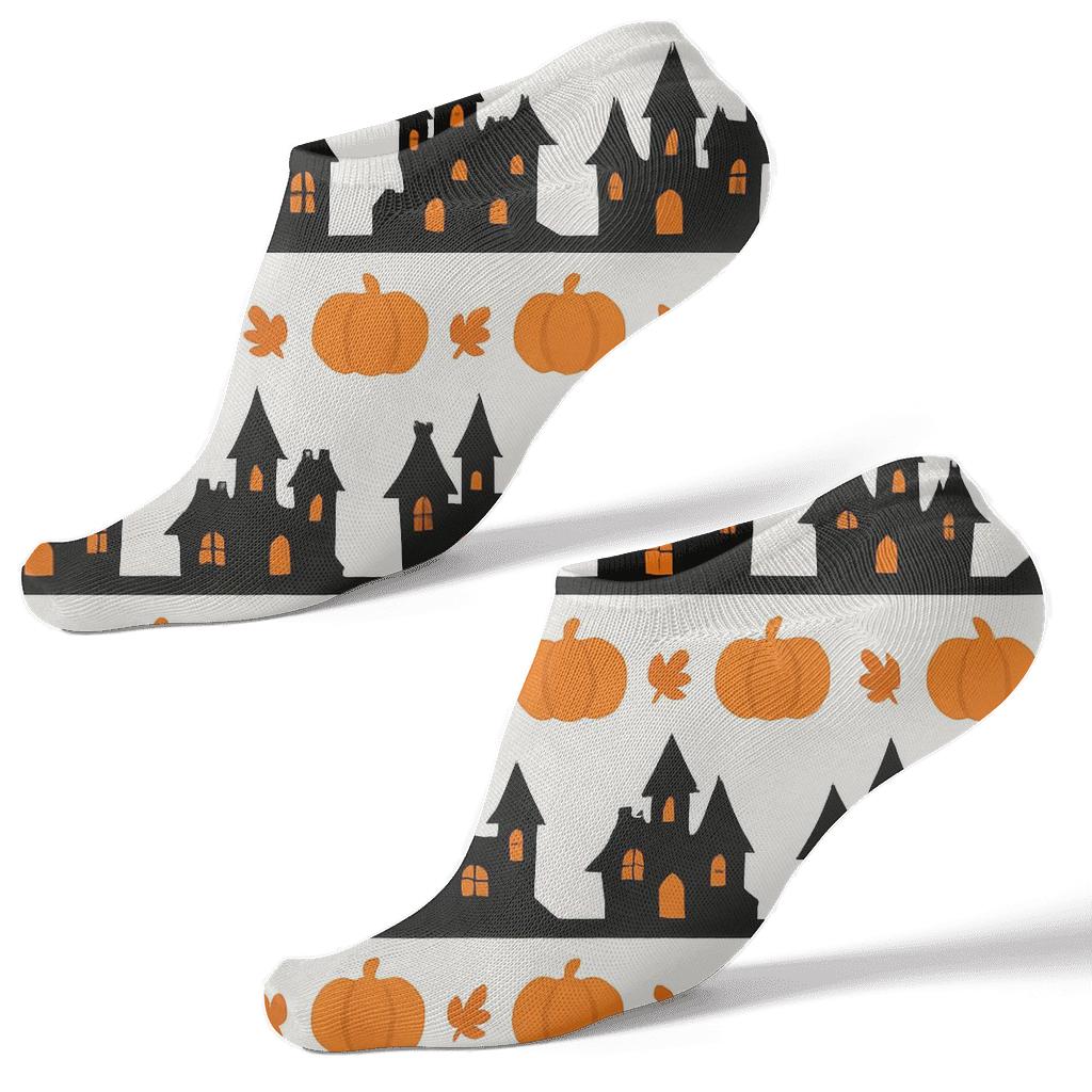 Haunted House Silhouette Border Stripes With Orange Pumpkins On White Background custom ankle socks