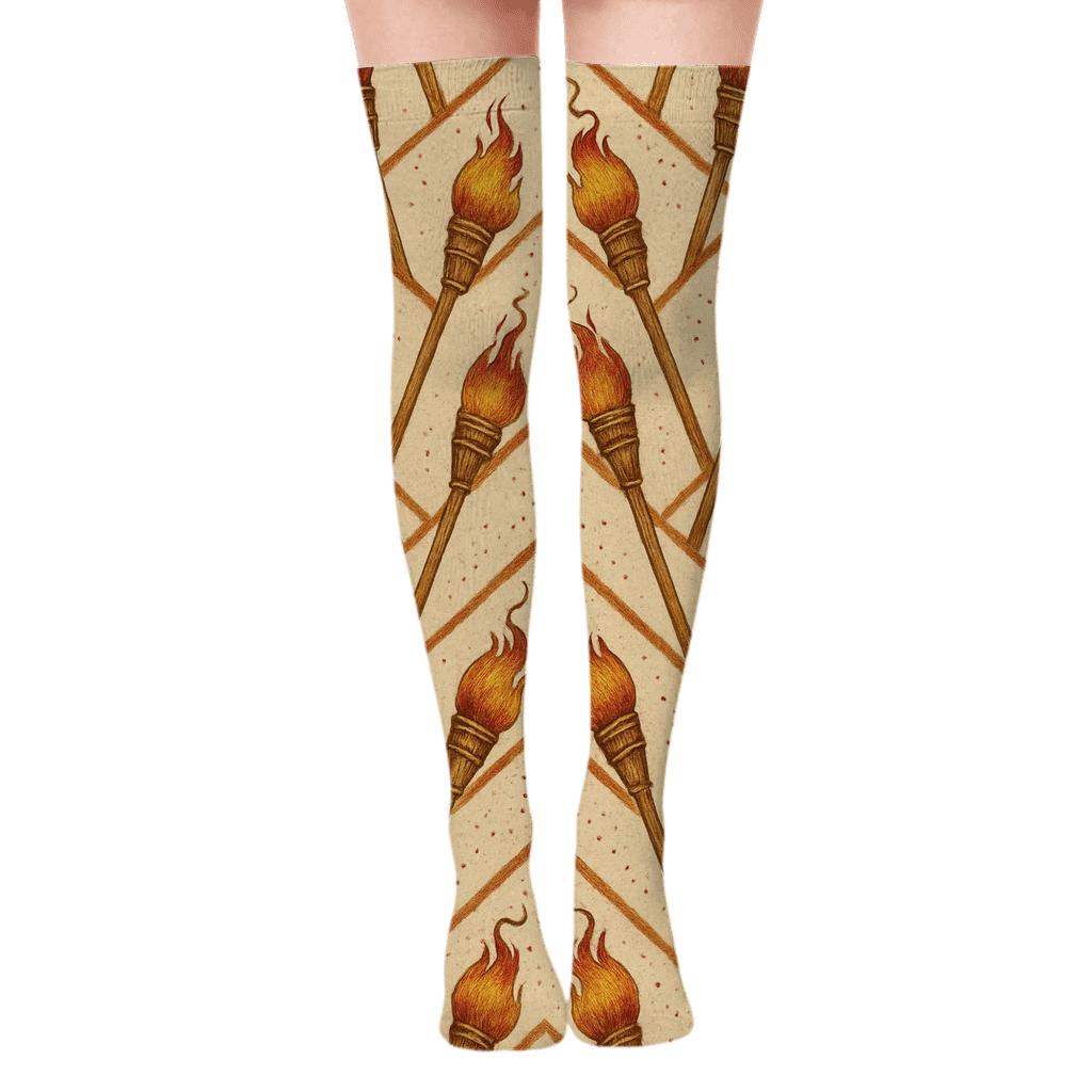 Vintage Matchbox Torch Chevron On Warm Ivory premium cozy over-the-knee socks