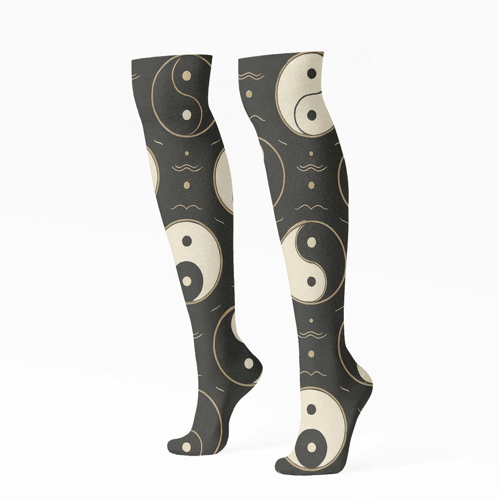 Gold Ink Taijitu Mandala Lattice On Black trendy patterned knee-high socks