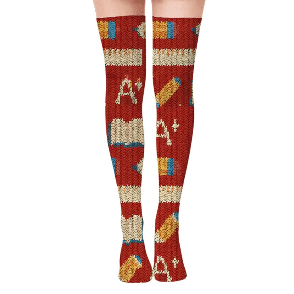 Apple Red Teacher Grade Stitch Pattern stylish fashion over-the-knee socks