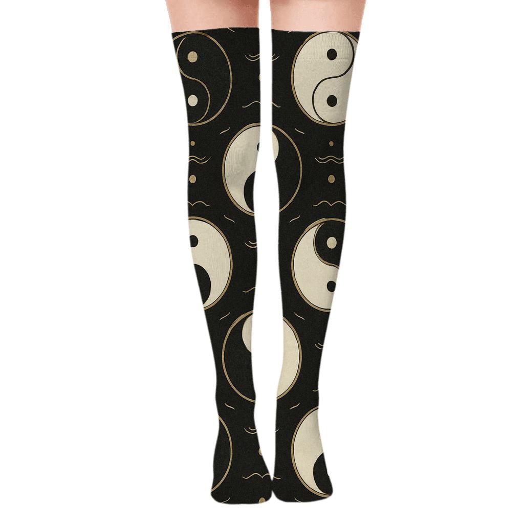 Gold Ink Taijitu Mandala Lattice On Black trendy patterned over-the-knee socks