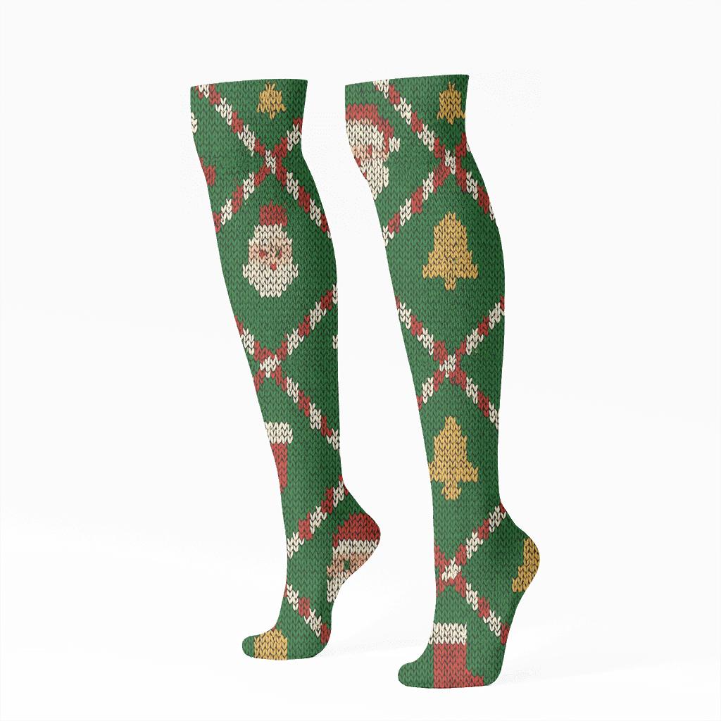 Knitted Candy Cane Lattice With Santa Claus Icons soft everyday knee-high socks