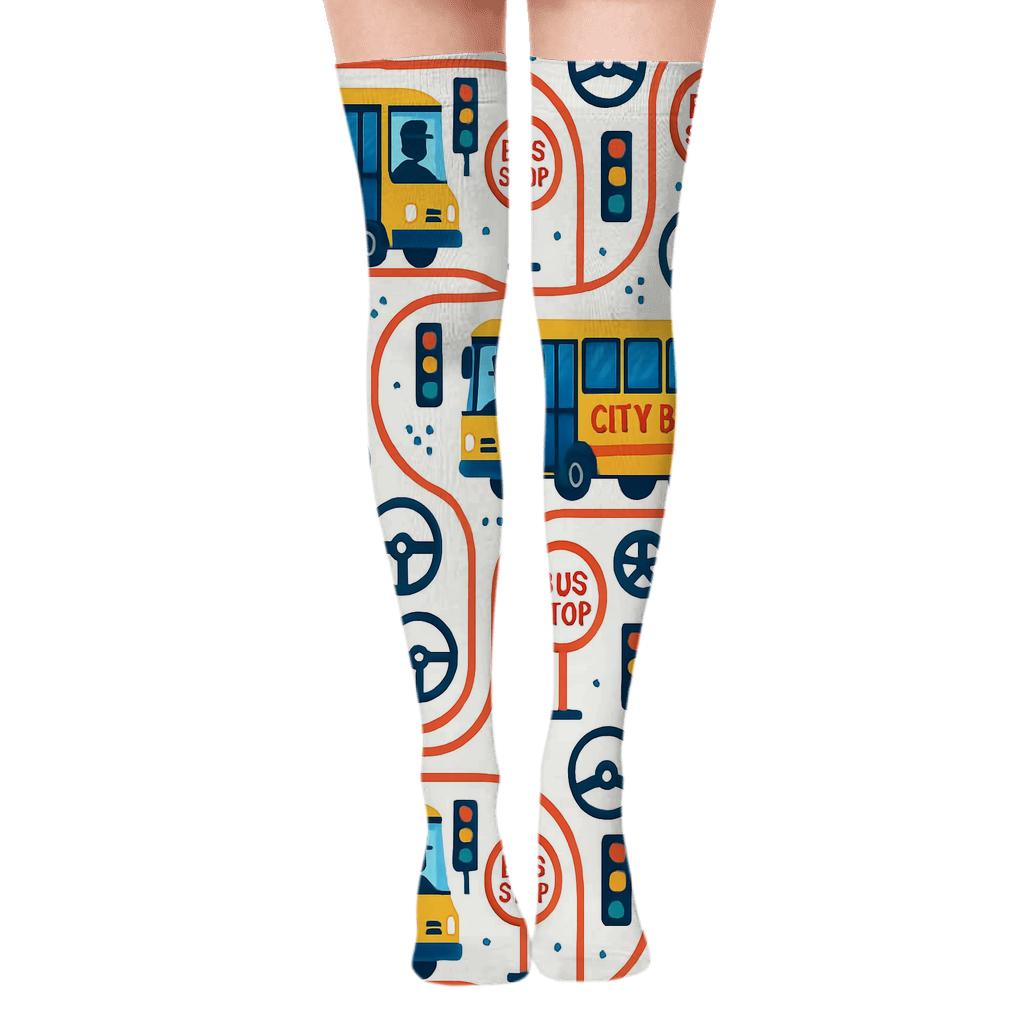 Route Map Parade With Bus Driver Icons unique graphic over-the-knee socks