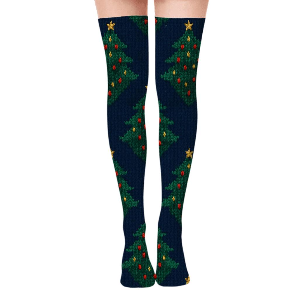 Knitted Illusion Christmas Tree Chevron On Midnight Blue personalized over-the-knee socks