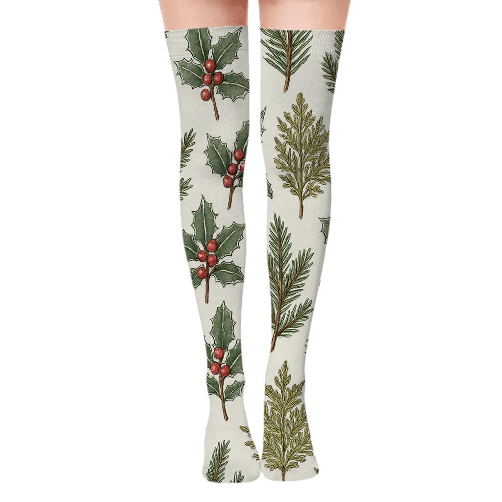 Botanical Tile Study With Evergreen Branches soft everyday over-the-knee socks
