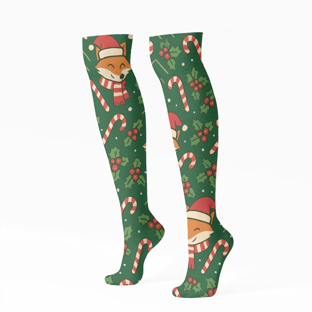 Candy Cane Fox Chevron On Forest Green Background comfortable cotton knee-high socks