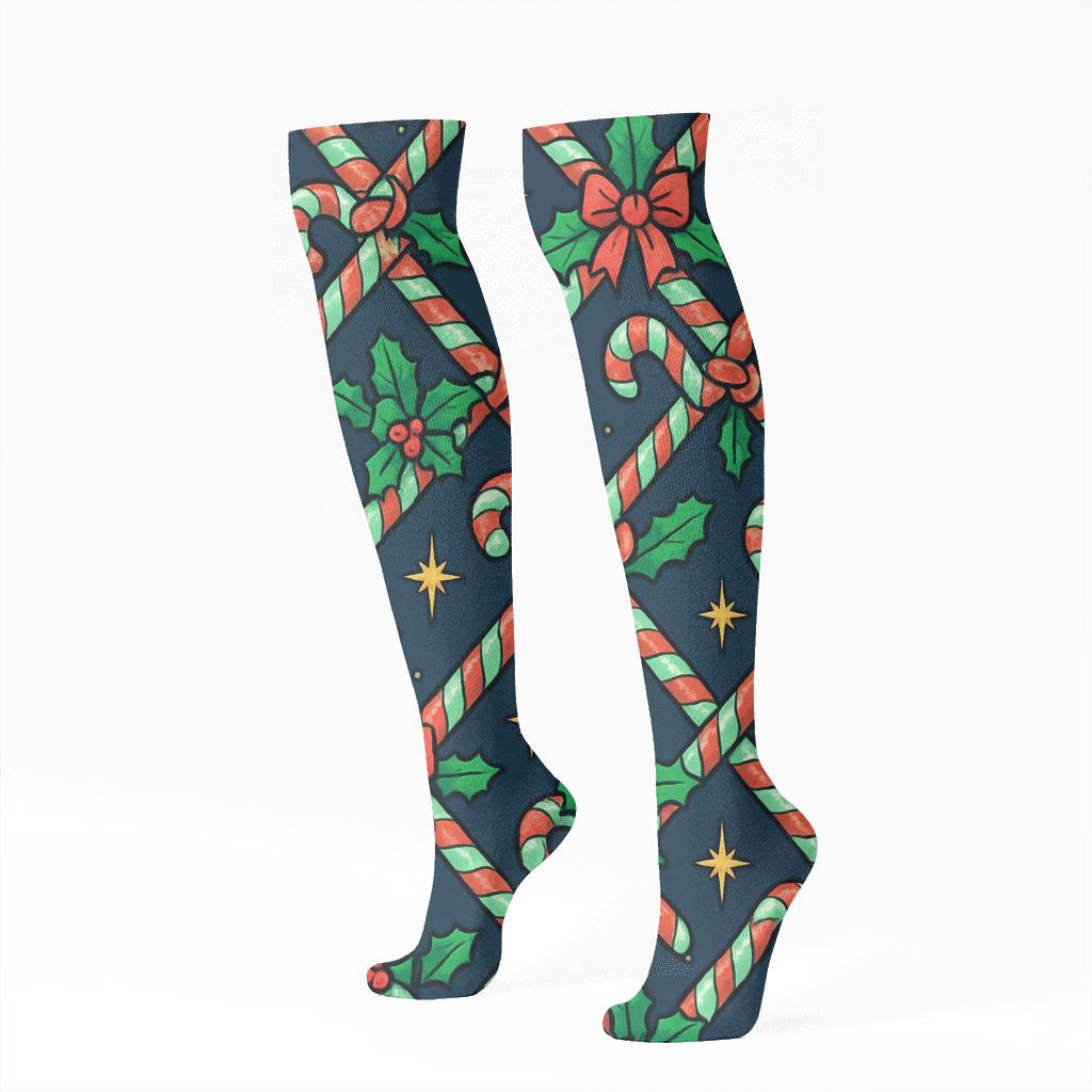 Candy Cane Lattice With Holiday Glow custom knee-high socks