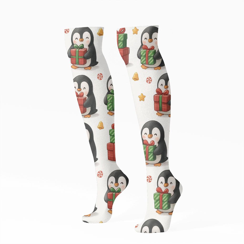 Penguin Gift Stack Grid On White Background custom knee-high socks