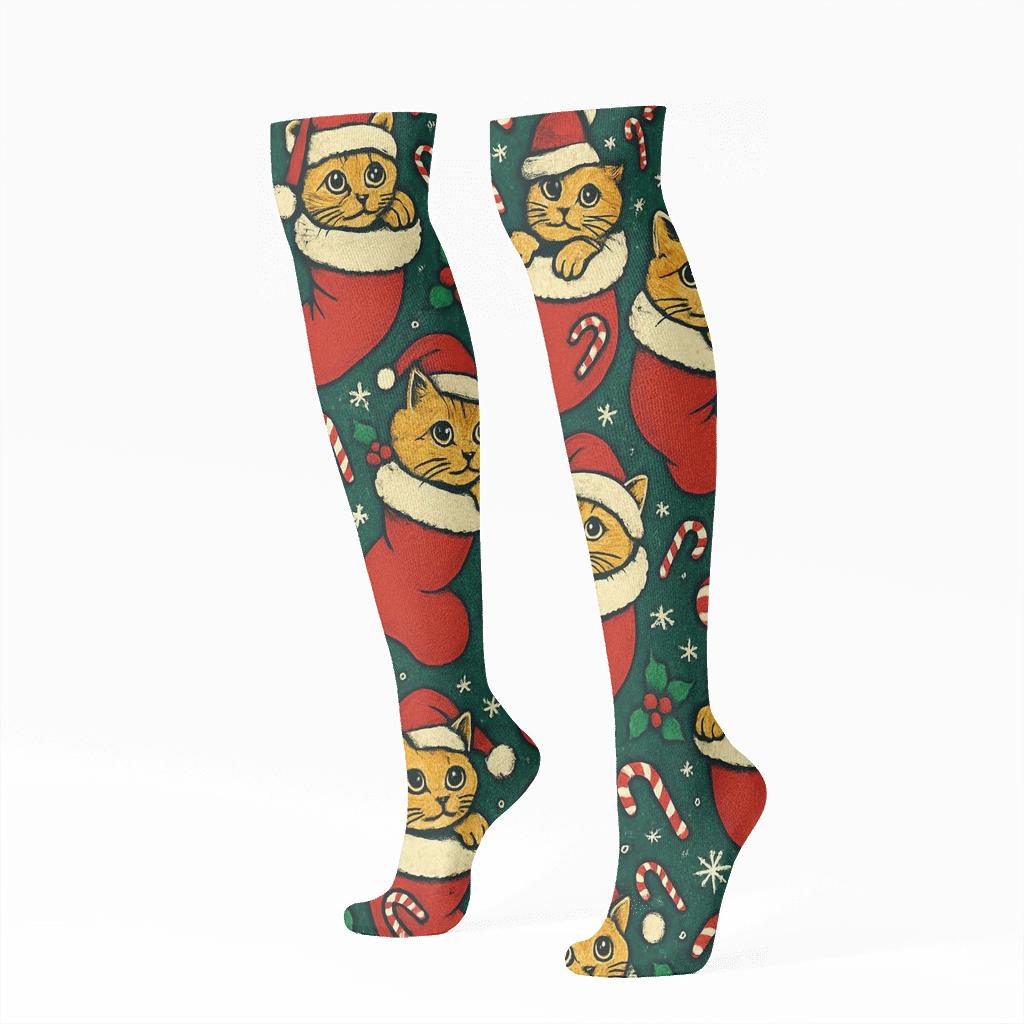 Festive Space Cat Stockings Tessellation On Midnight Green Background custom knee-high socks
