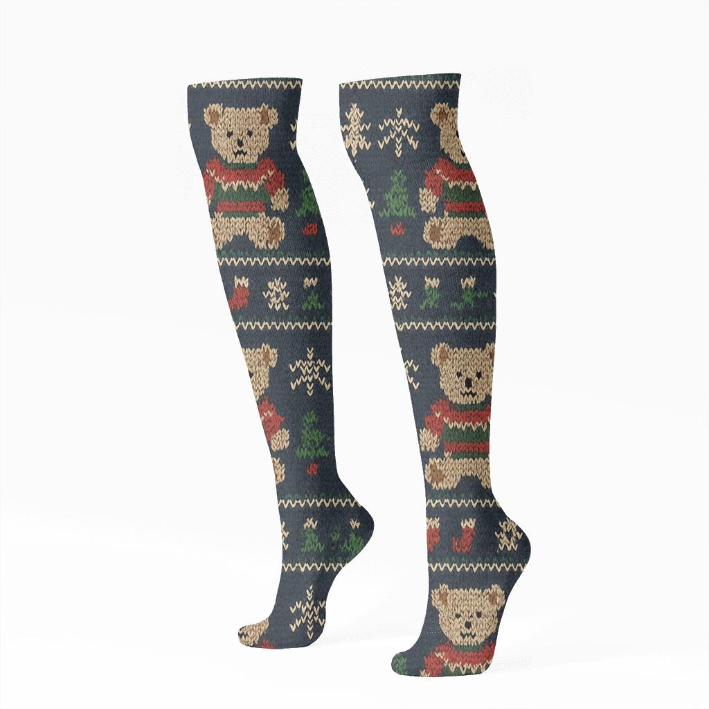 Knitted Bear Sweater Fair Isle On Navy Background unique graphic knee-high socks