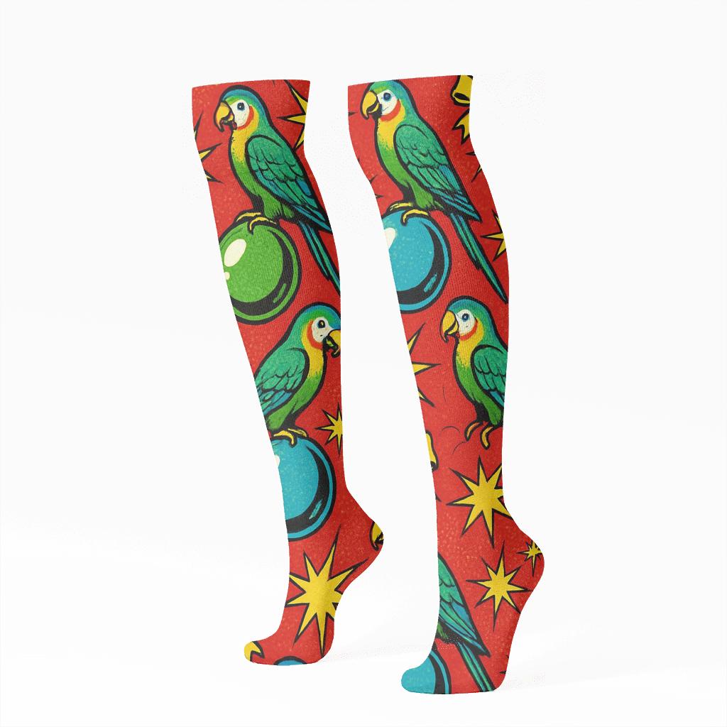 Pop Art Parrot Ornament Burst On Red Background custom knee-high socks