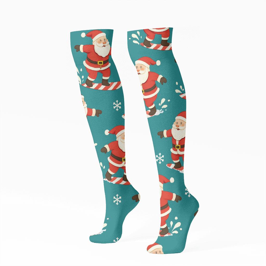 Santa Surfing Xmas Scatter On Teal stylish athletic knee-high socks
