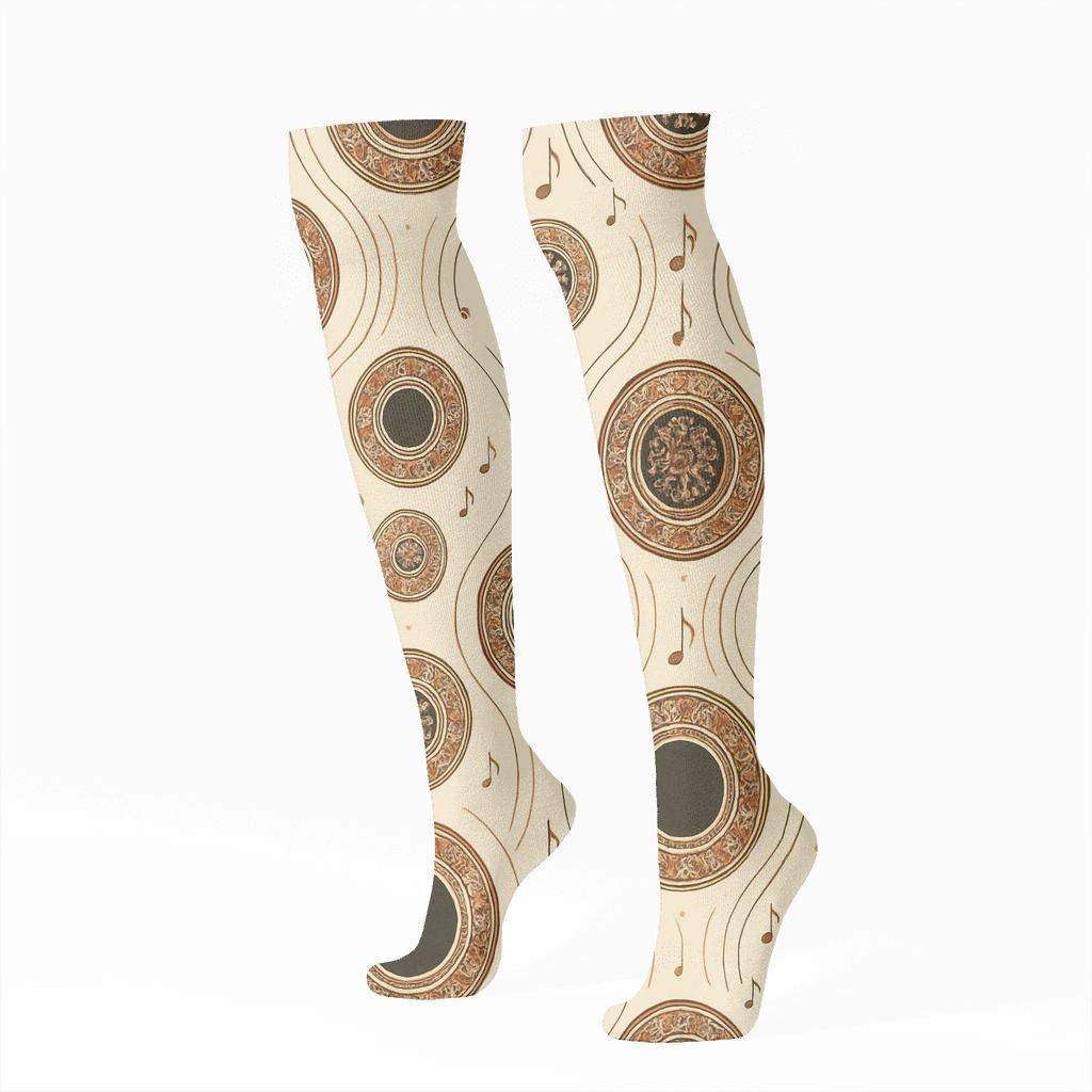 Vintage Naturalist Poster Look With Guitar Sound Hole Rosettes soft everyday knee-high socks