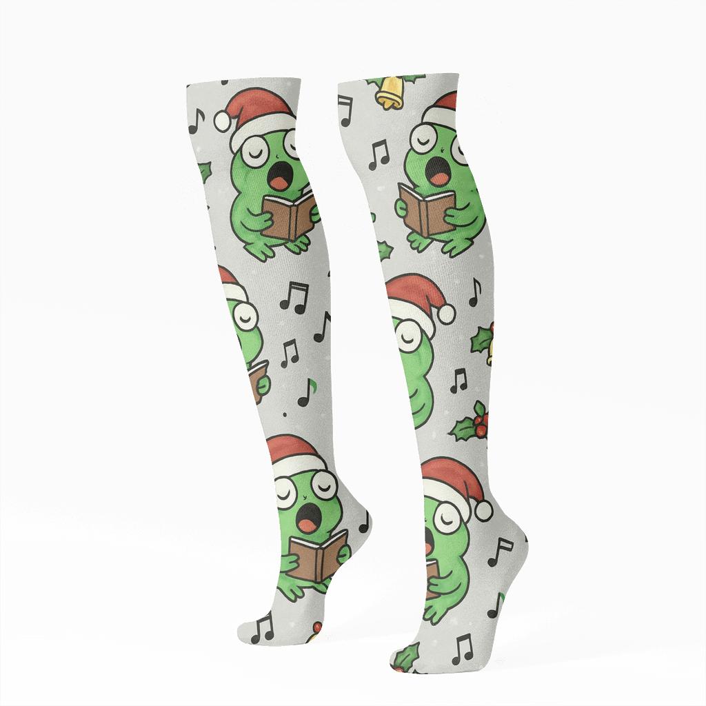 Frog Carolers Scatter On Light Gray Background trendy patterned knee-high socks