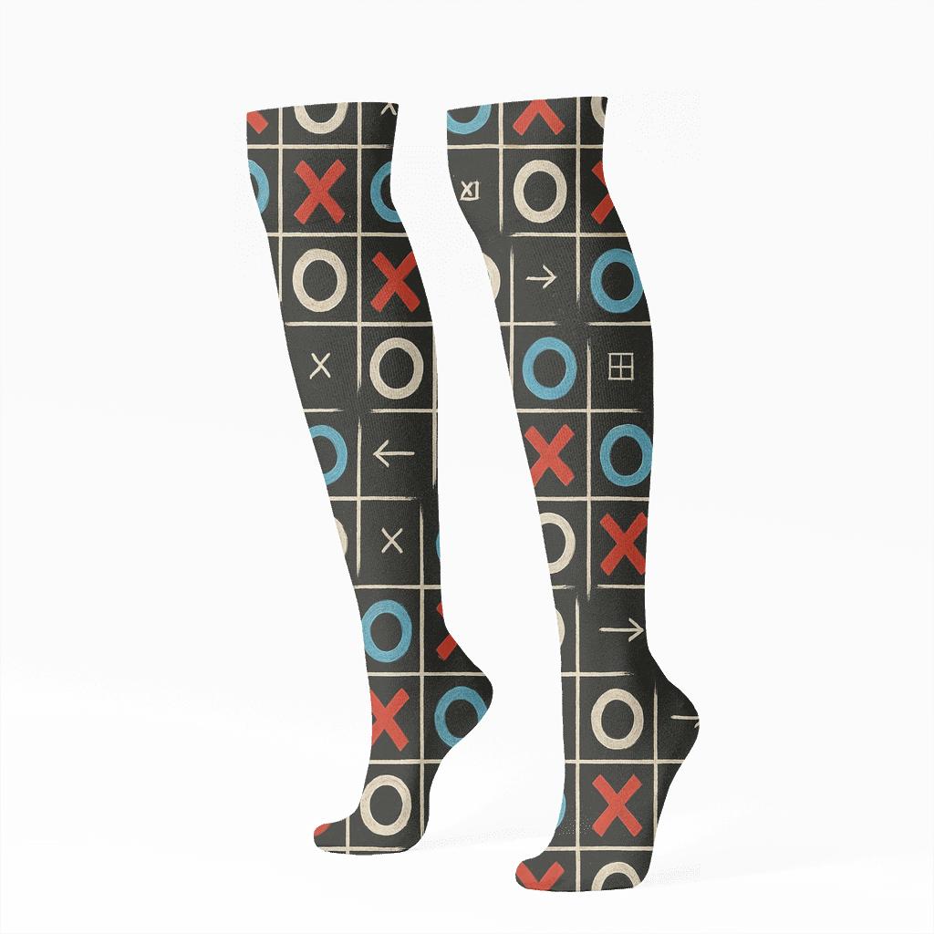 Retro Game Board Collage With Valentines Xo Icons designer print knee-high socks