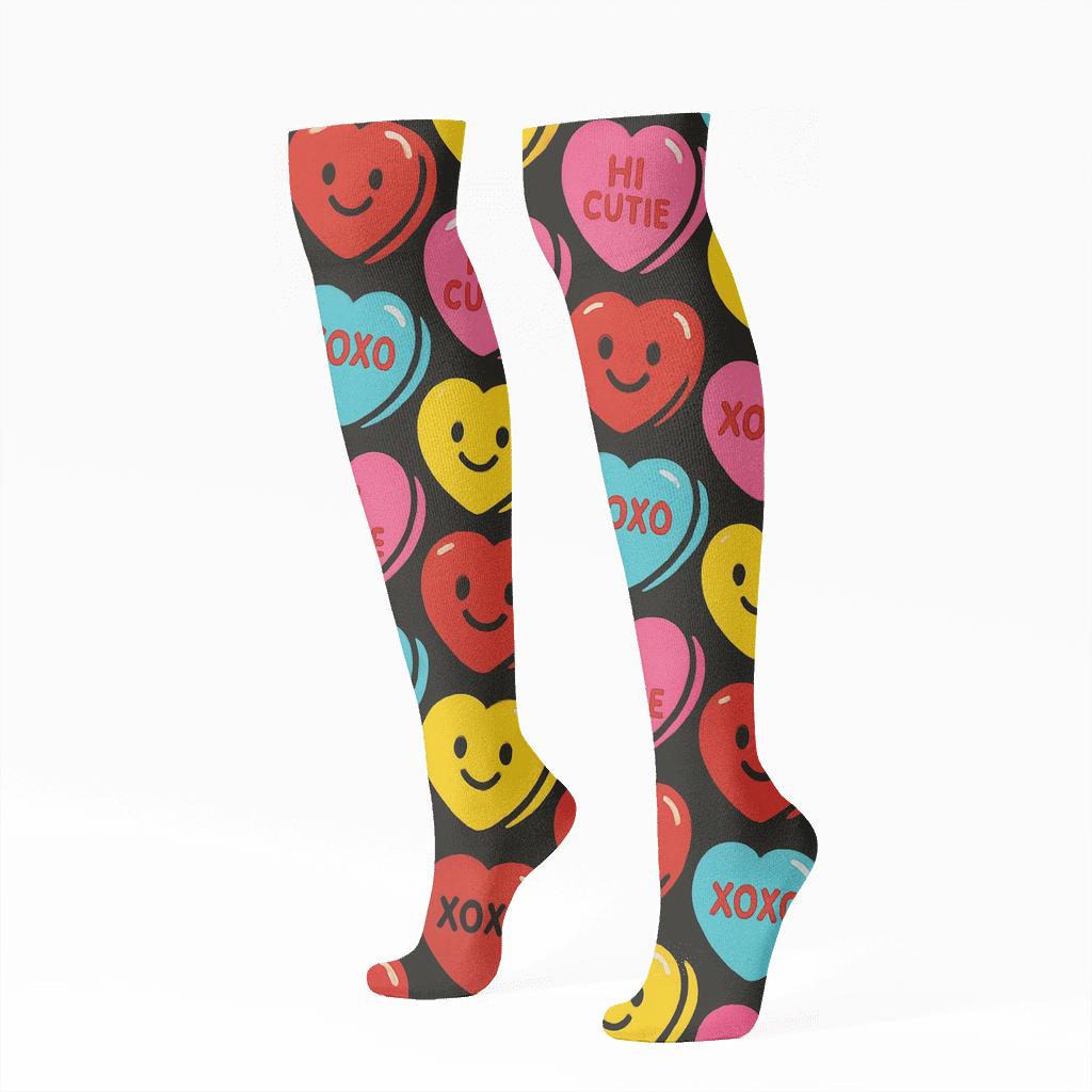 Conversation Hearts With Valentines Candy Heart Diagonal Pop Art Array trendy patterned knee-high socks