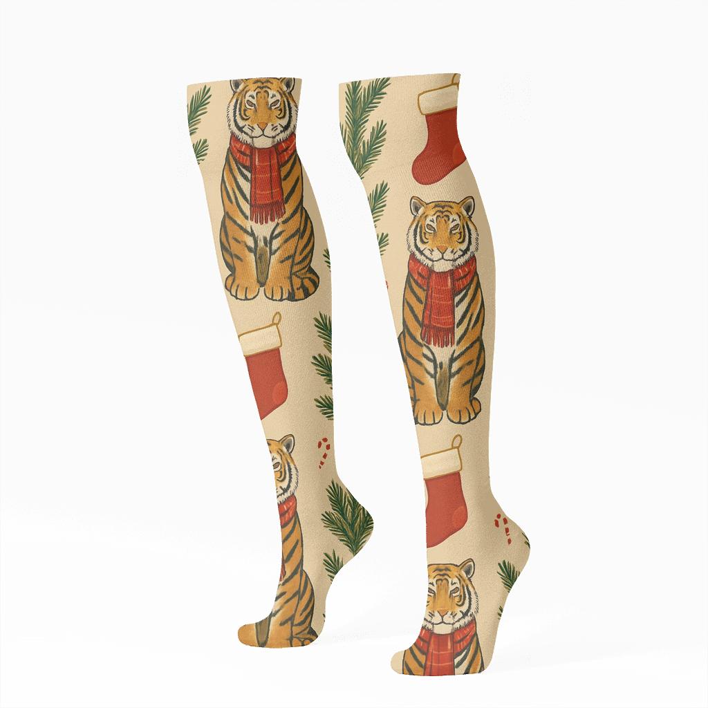 Tartan Tiger Stocking Stripes On Beige Background comfortable cotton knee-high socks