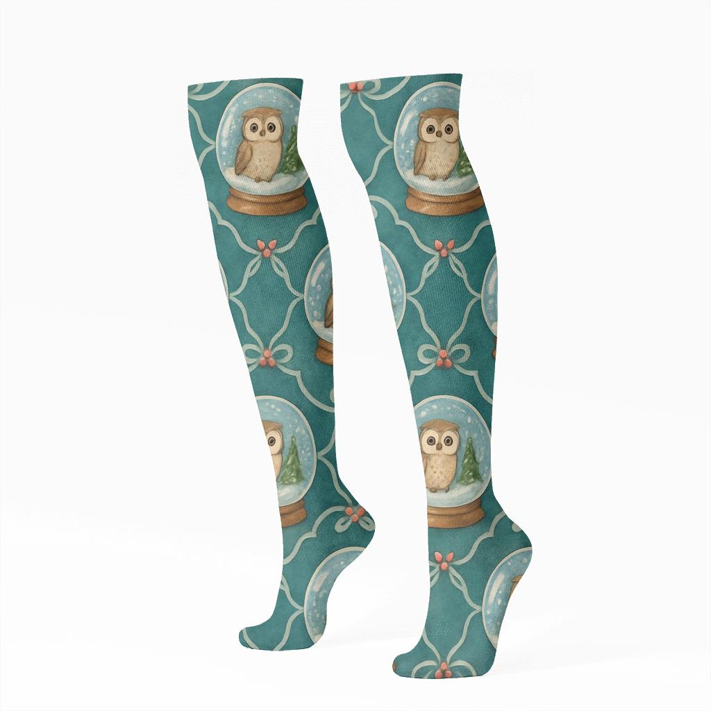 Owl Snow Globe Medallions On Teal Background personalized knee-high socks