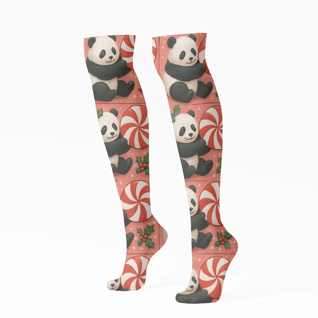 Panda Peppermint Spiral Tiles On Pink Background unique graphic knee-high socks