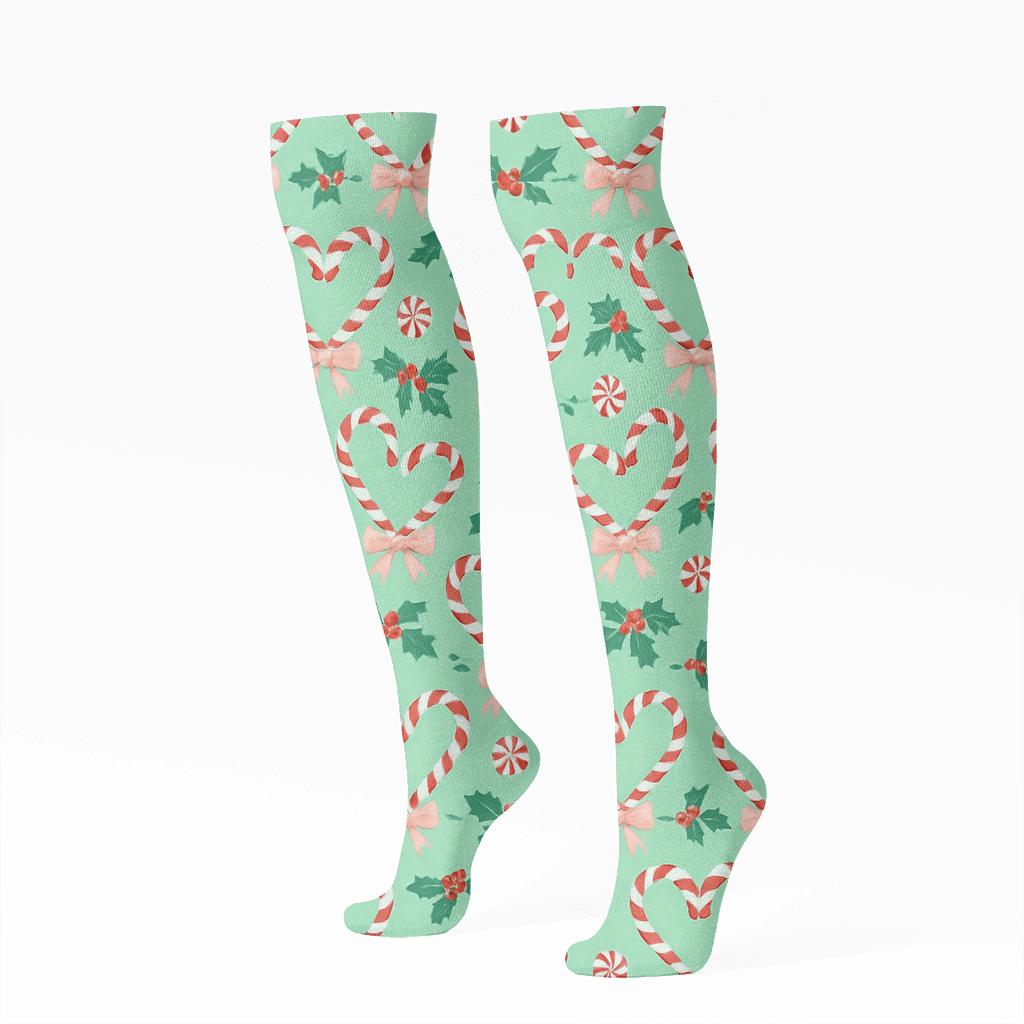 Candy Canes Heart Garland On Mint Field designer print knee-high socks