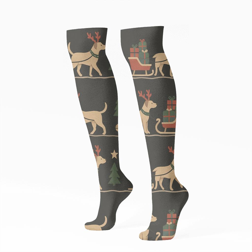 Dog Sleigh Team Repetition On Charcoal Background custom knee-high socks
