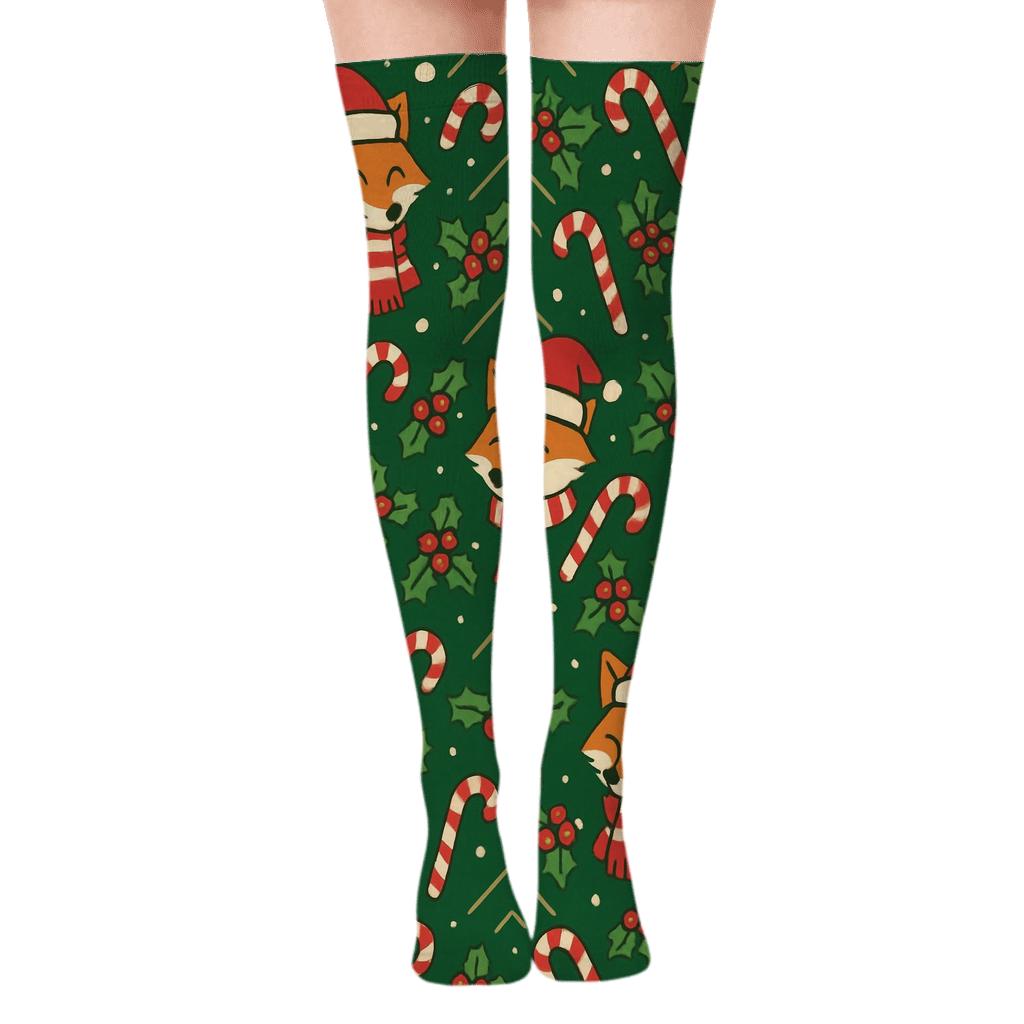 Candy Cane Fox Chevron On Forest Green Background soft everyday over-the-knee socks