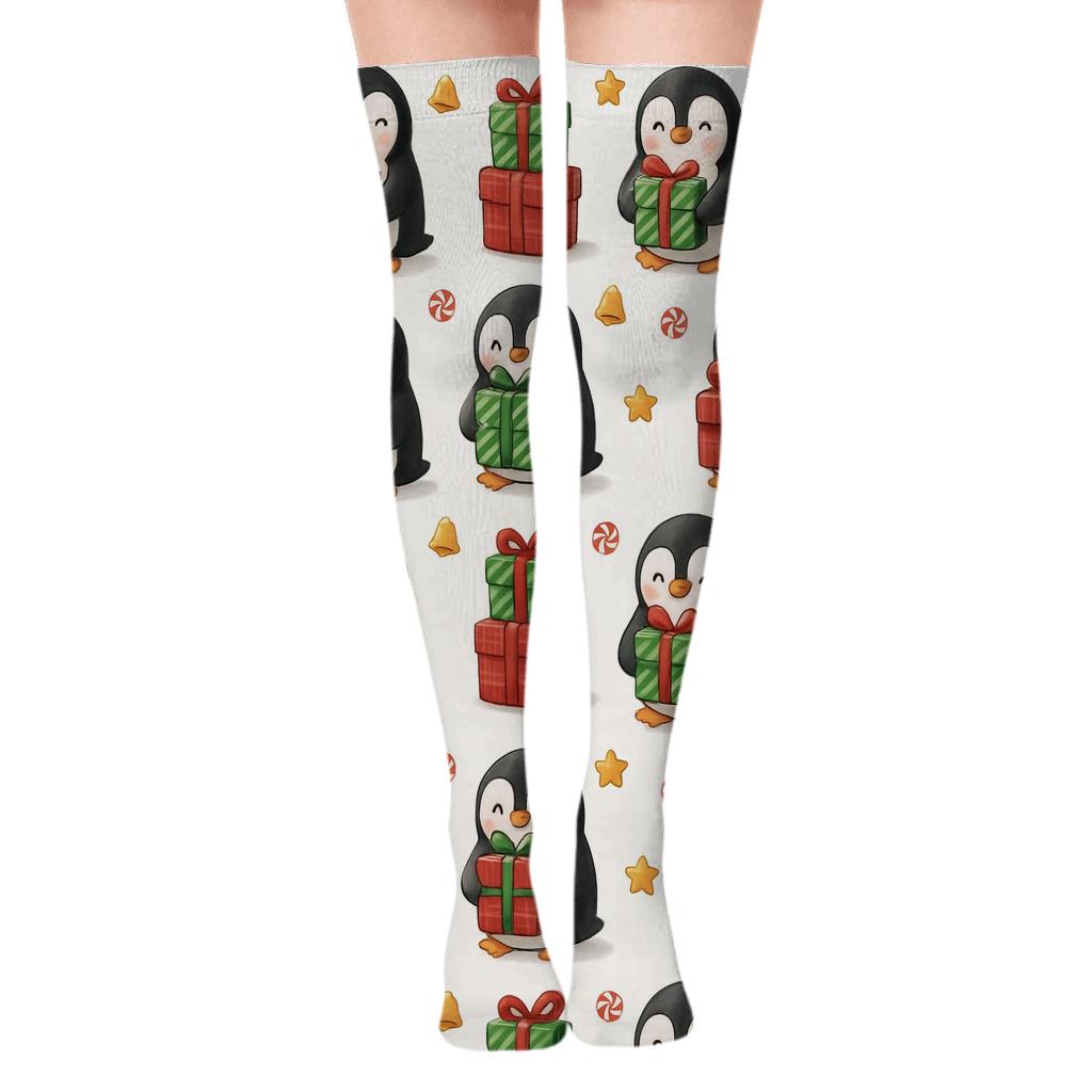 Penguin Gift Stack Grid On White Background stylish fashion over-the-knee socks