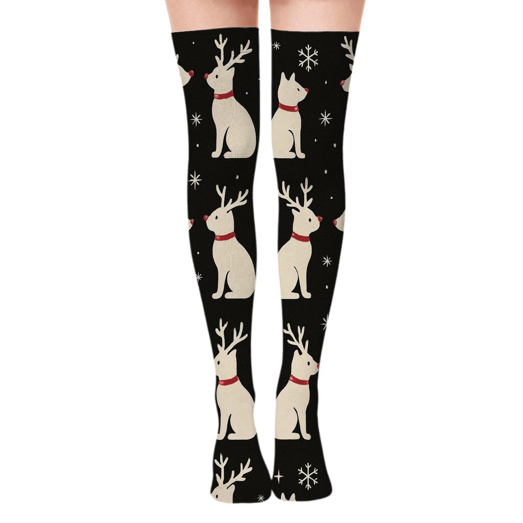 Minimal Reindeer Cat Silhouettes On Black Background custom over-the-knee socks