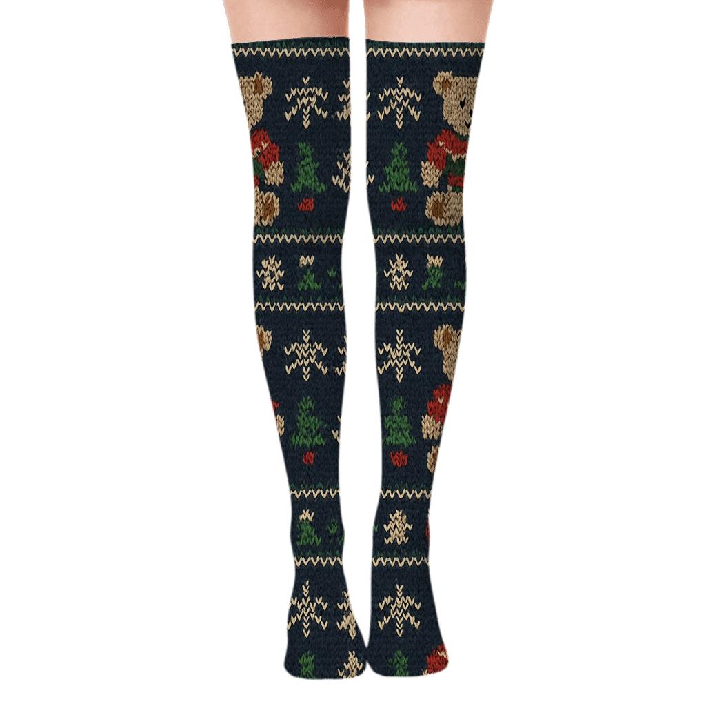 Knitted Bear Sweater Fair Isle On Navy Background personalized over-the-knee socks