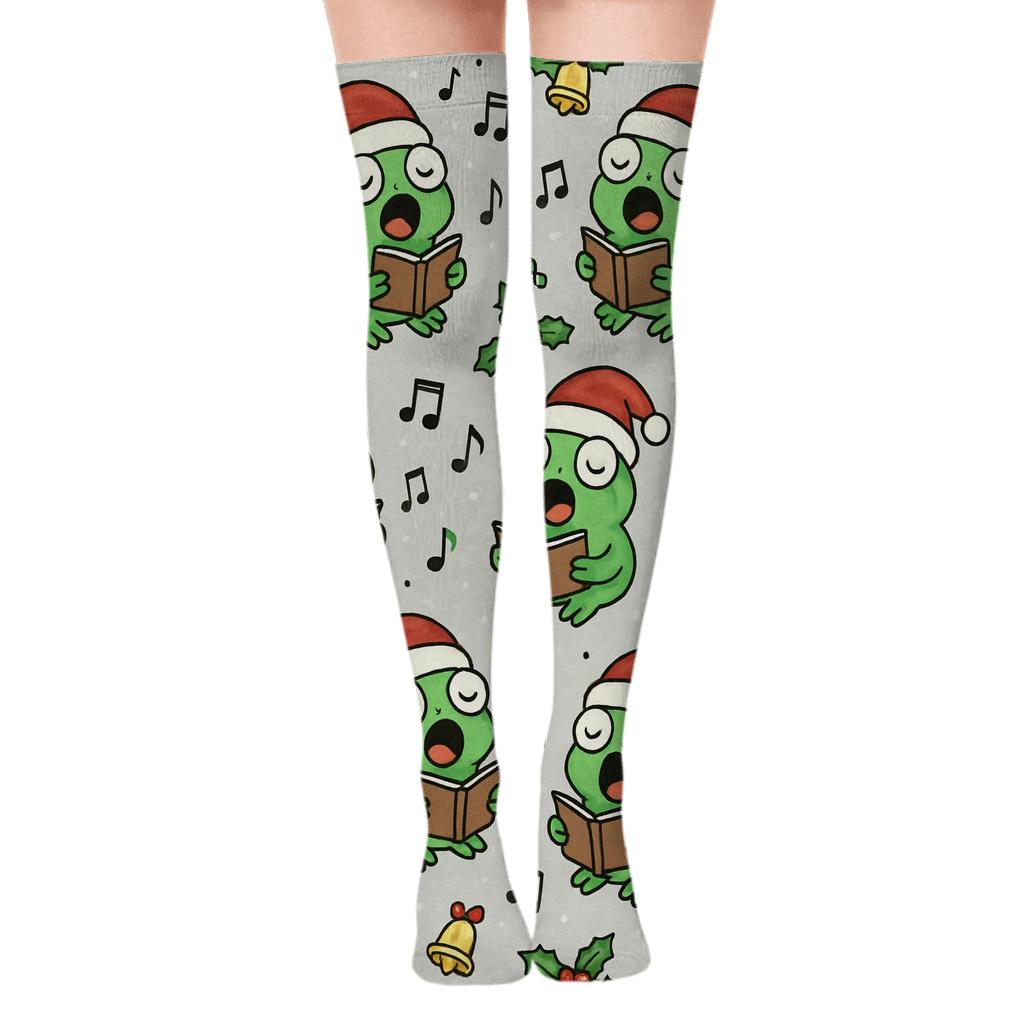 Frog Carolers Scatter On Light Gray Background custom over-the-knee socks
